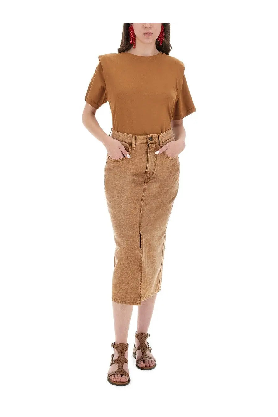 Tan denim midi skirt with front zipper and side pockets paired with isabel marant women’s beige cotton shirt