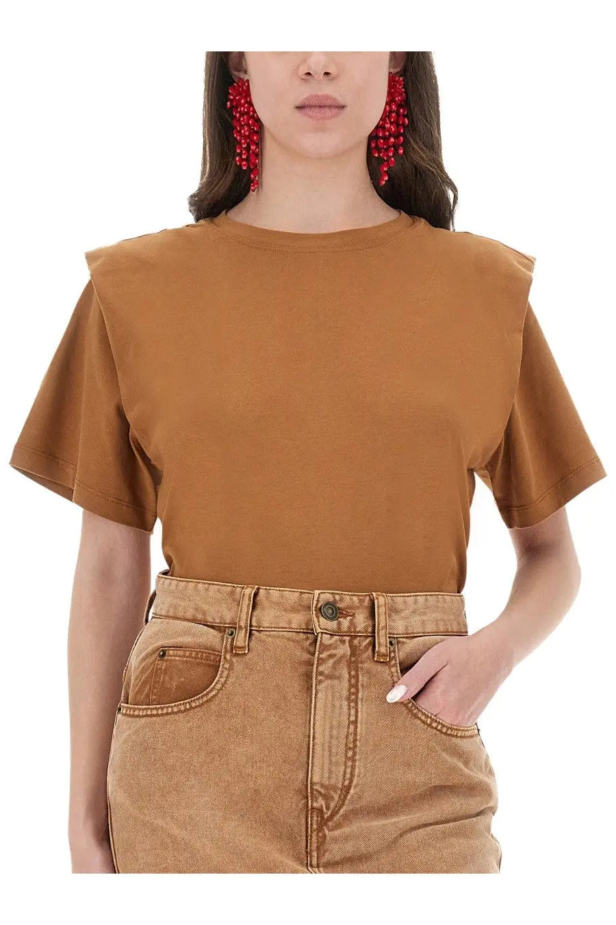Isabel Marant women’s beige cotton short-sleeved top with wide structured shoulders
