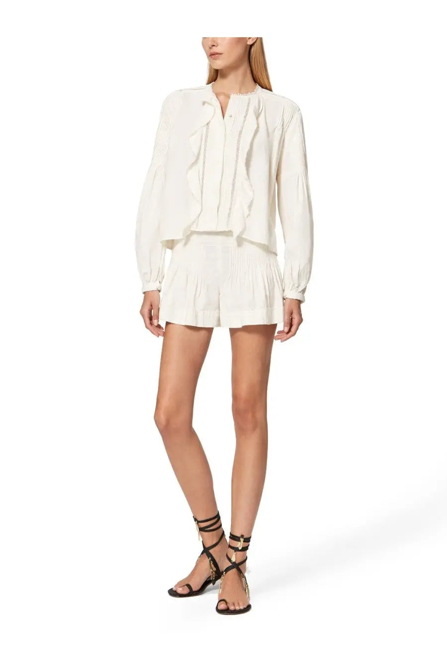 Isabel Marant women’s white long-sleeved blouse with ruffled detailing and tiered front design