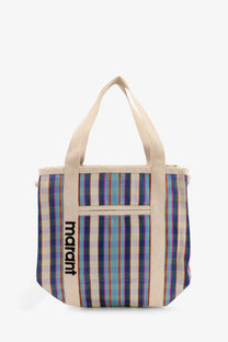 Isabel Marant women’s darwen nylon shoulder bag in blue with beige and blue plaid tote and marant printed on strap