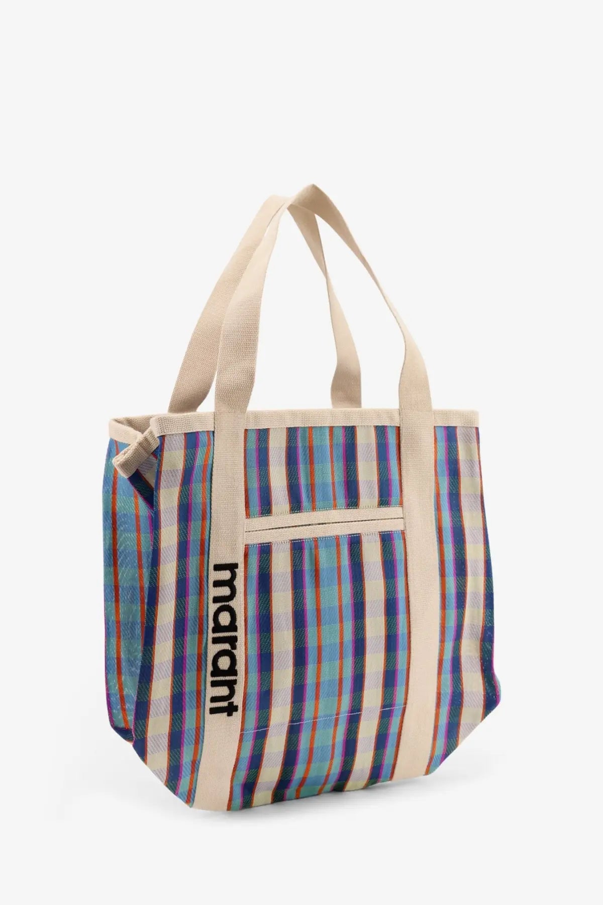 Isabel Marant women’s darwen colorful plaid nylon tote bag with beige handles and vertical marant logo in black