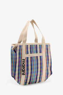 Isabel Marant women’s darwen colorful plaid nylon tote bag with beige handles and vertical marant logo in black