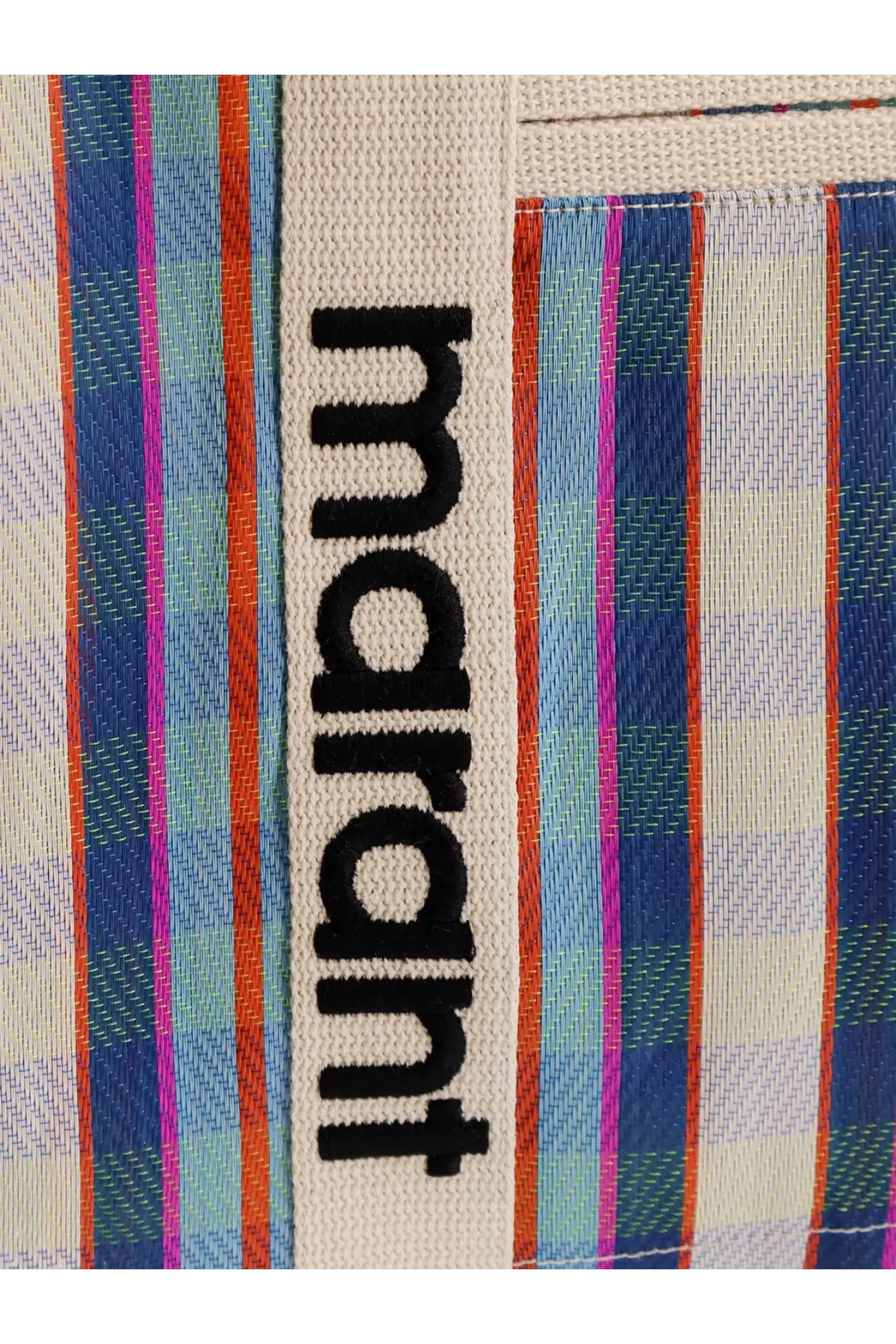 Isabel Marant women’s Darwen nylon shoulder bag in blue with colorful striped canvas and cream strap with marant logo