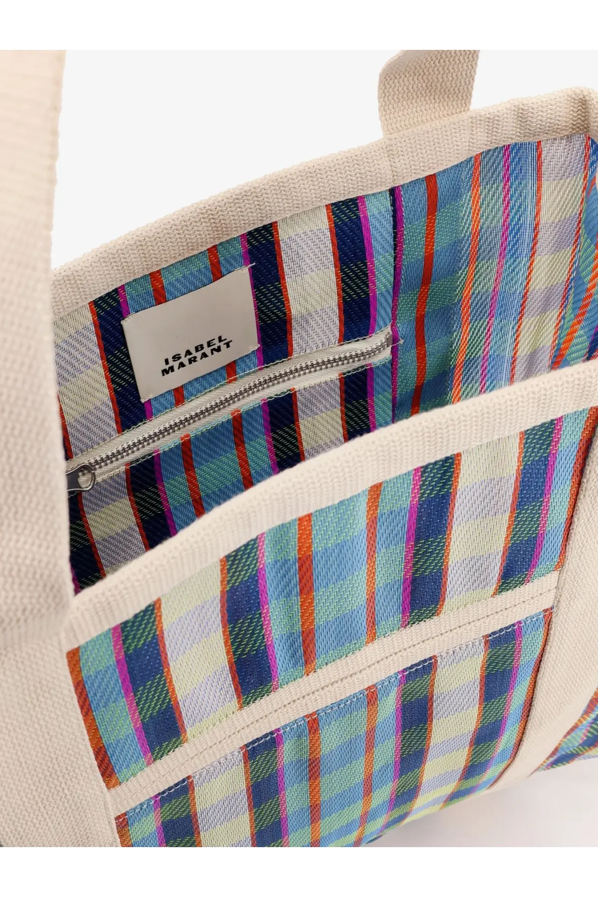 Isabel Marant women’s darwen nylon shoulder bag in blue with a vibrant multicolored plaid canvas tote design and cream handles