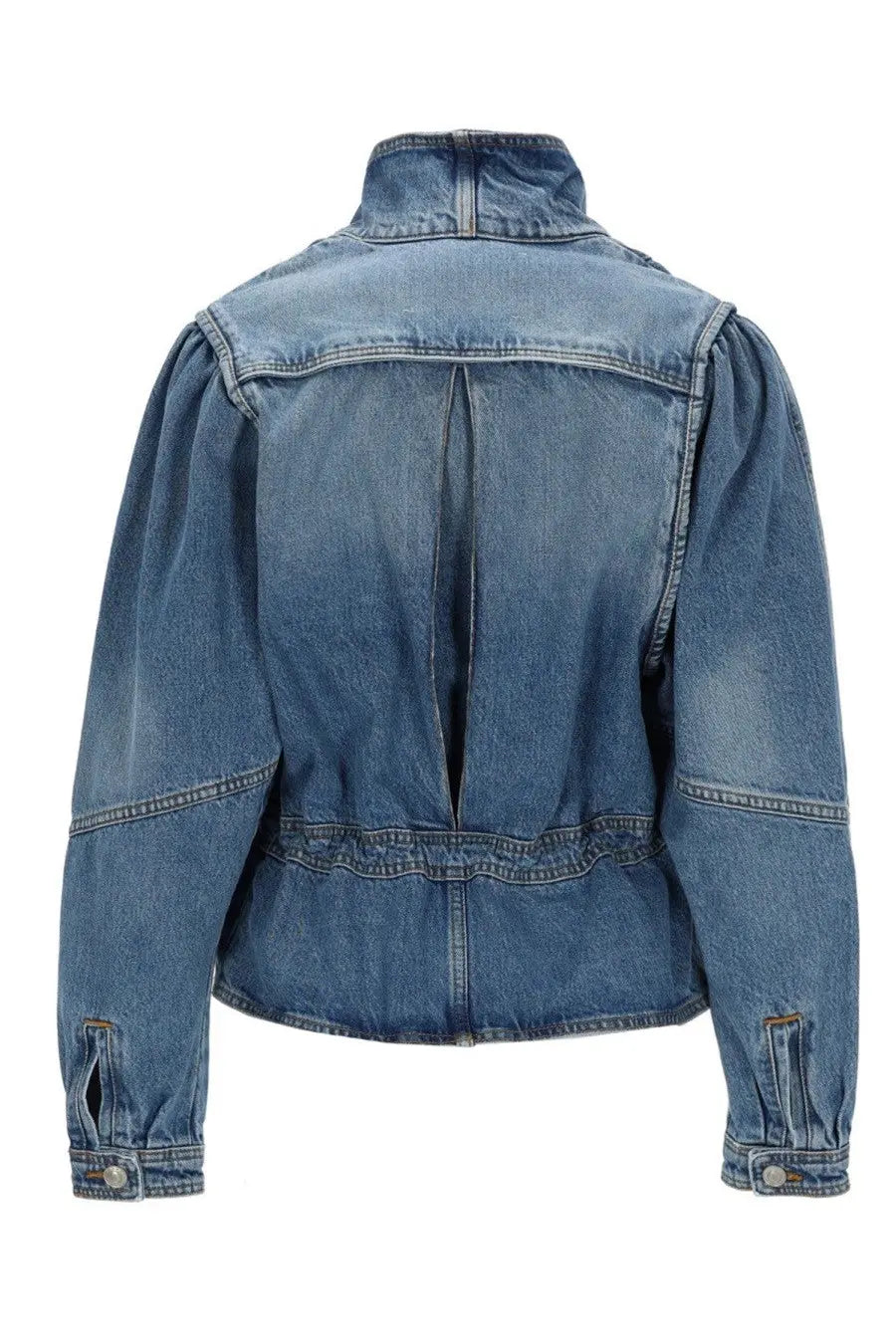 Isabel Marant women’s Dolie GZ medium-wash blue denim jacket with high collar and puffed sleeves