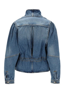 Isabel Marant women’s Dolie GZ medium-wash blue denim jacket with high collar and puffed sleeves