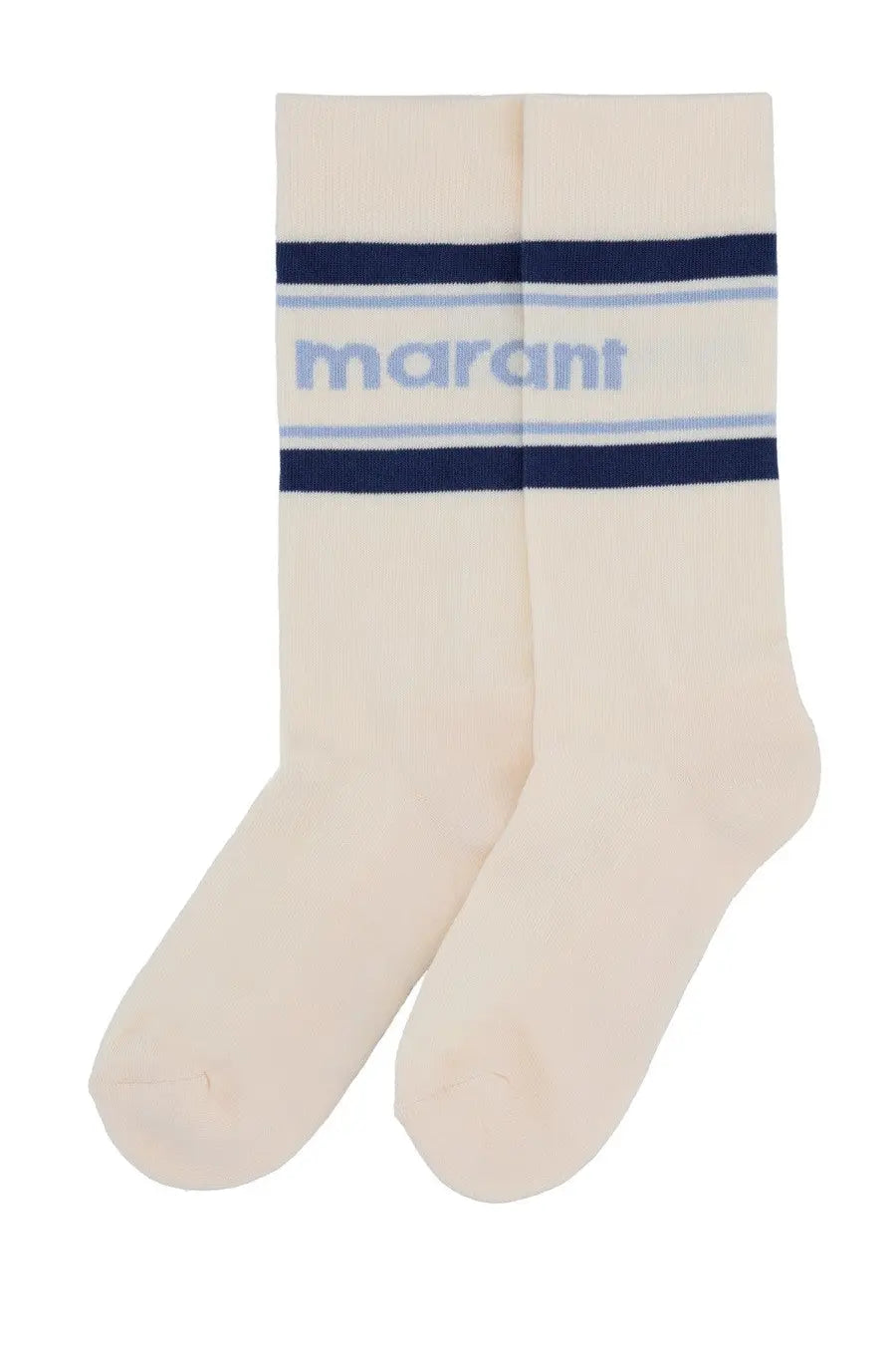 Cream-colored isabel marant women’s dona socks with navy and light blue stripes across the top front view
