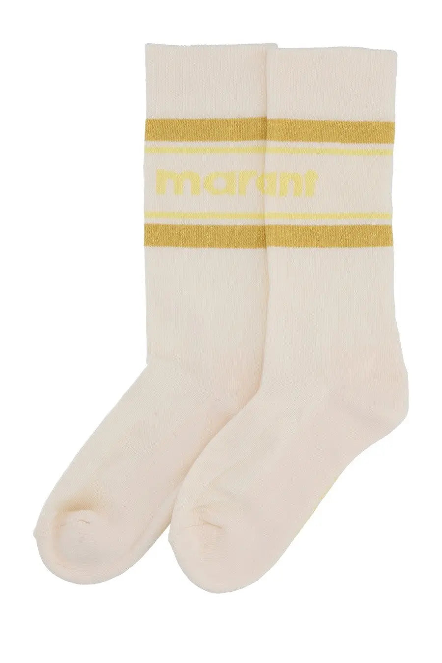 Isabel marant women’s dona socks cream with yellow horizontal stripes and matching brand name embroidery