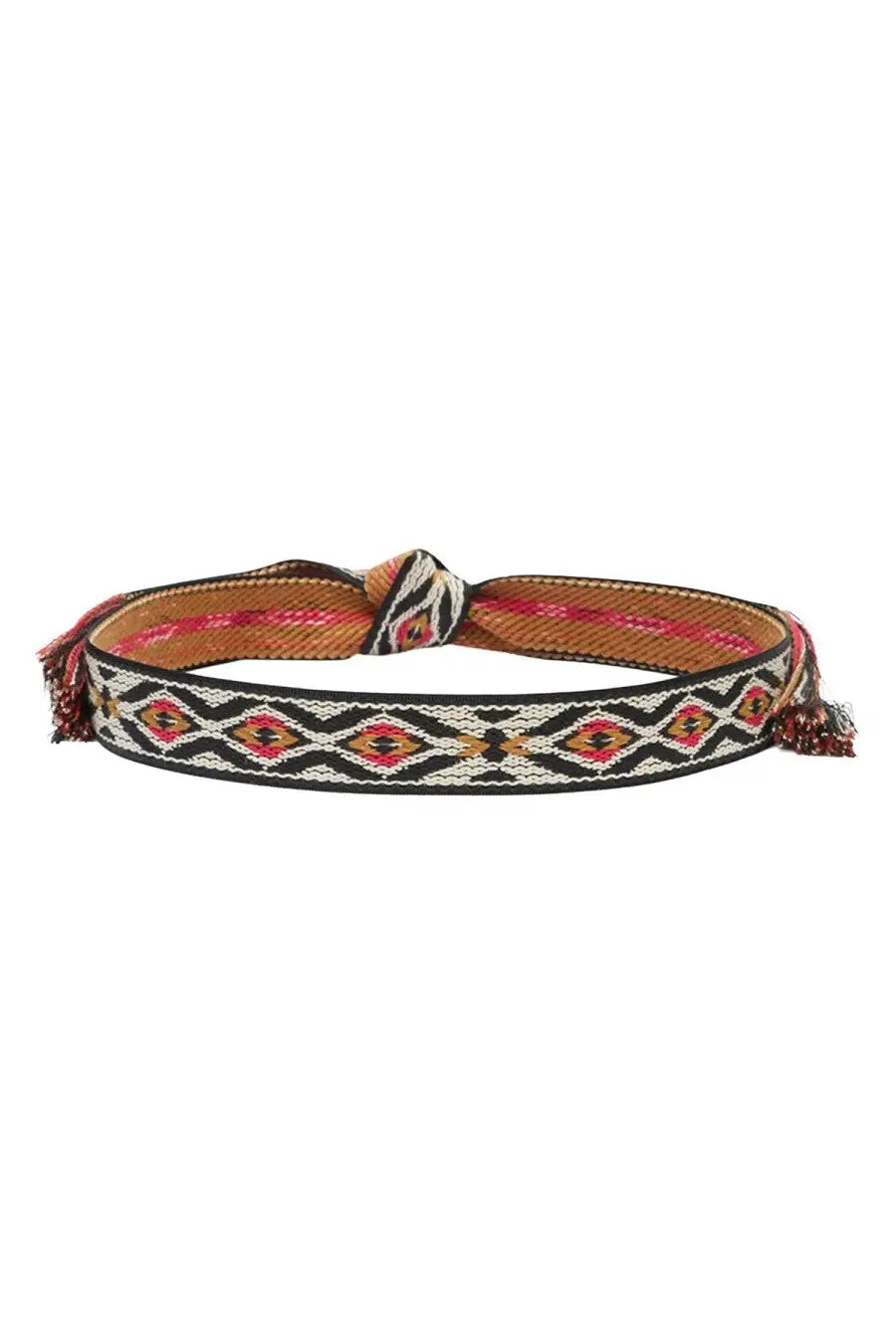 Isabel Marant women’s etki belt black woven bracelet with geometric pattern in black white and pinkish red tones with tassels