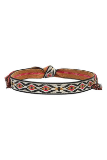 Isabel Marant women’s etki belt black woven bracelet with geometric pattern in black white and pinkish red tones with tassels