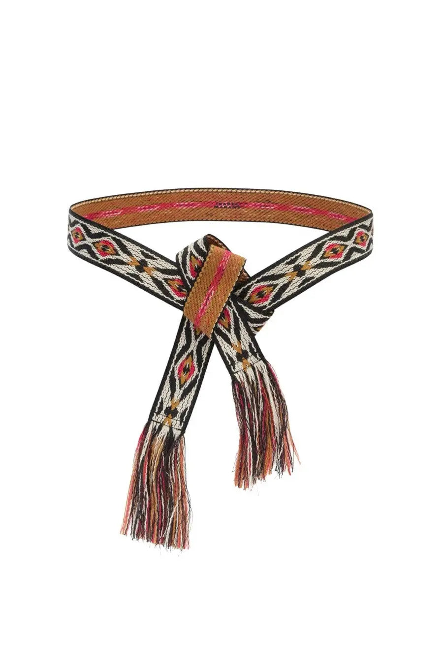 Isabel Marant women’s etki woven belt in black white and pink geometric pattern with tassels at the ends