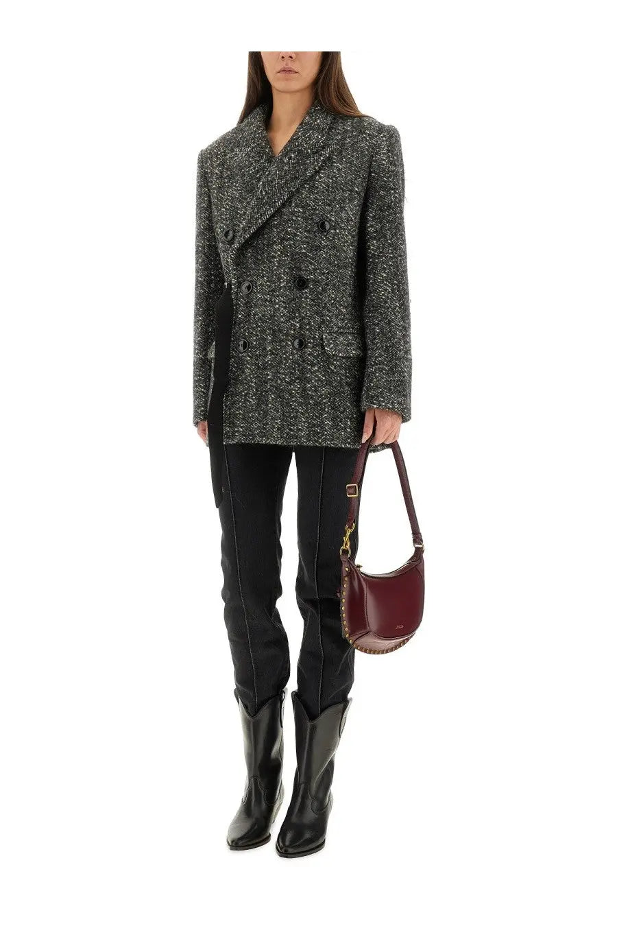A burgundy leather crescent-shaped handbag with gold-tone hardware and studded detailing for isabel marant women’s ezzia jacket black