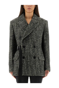 Isabel Marant women’s ezzia black herringbone tweed double-breasted blazer with black buttons and matching belt