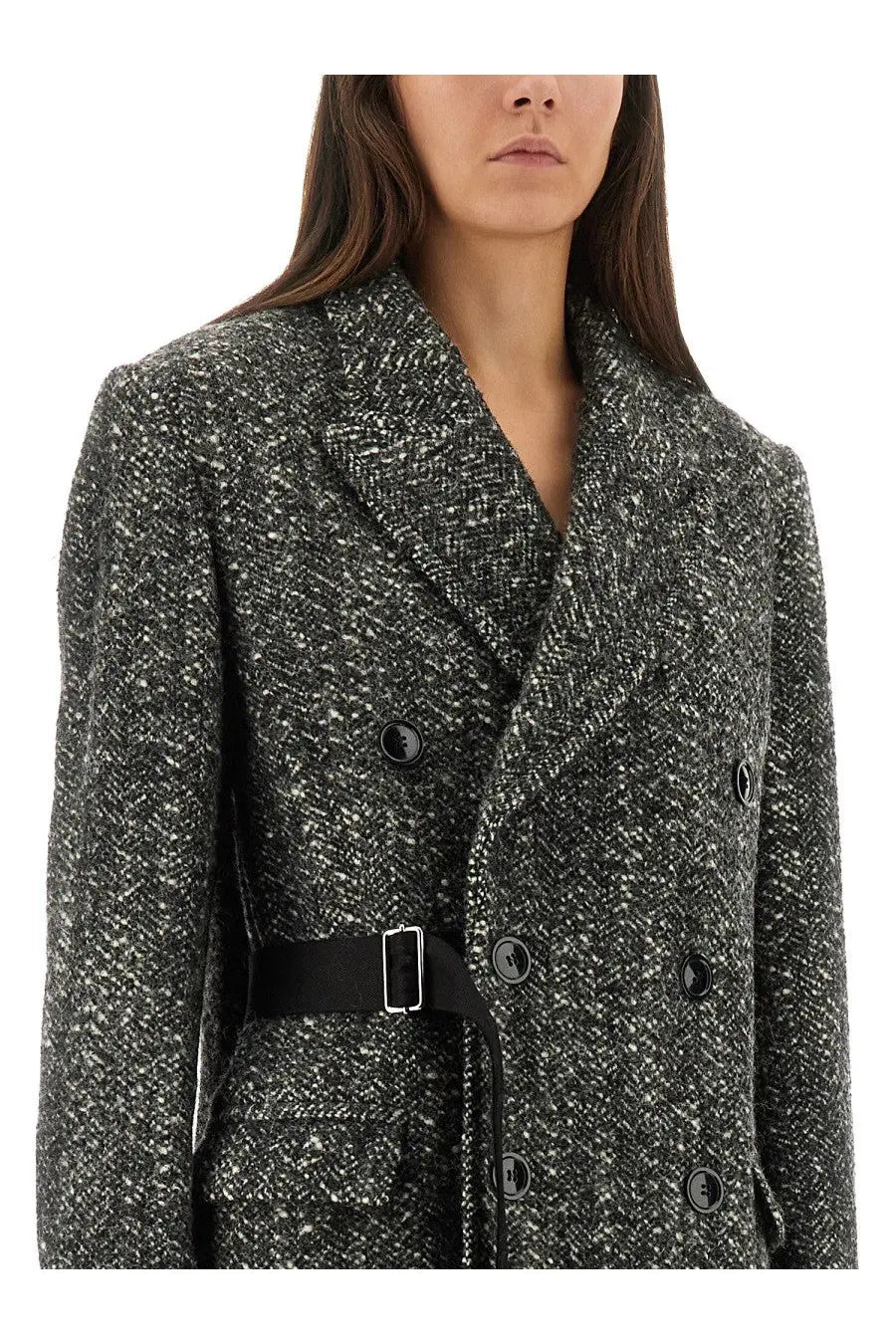 Isabel Marant women’s ezzia jacket black double-breasted wool coat with black belt in black and white speckled pattern