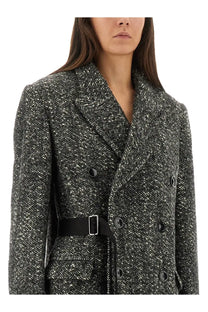 Isabel Marant women’s ezzia jacket black double-breasted wool coat with black belt in black and white speckled pattern