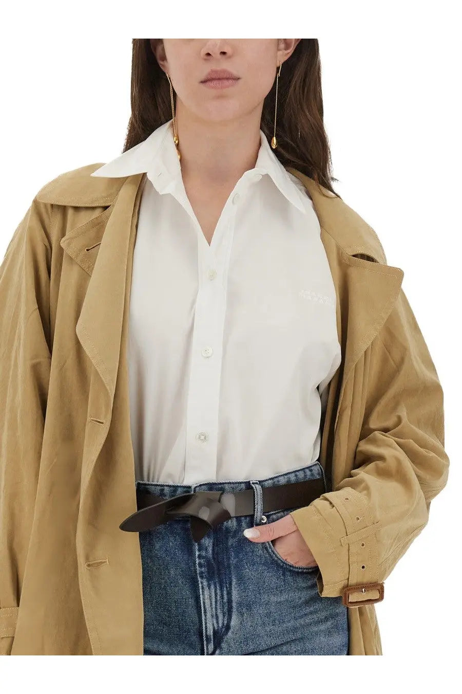 Tan trench coat with belted waist and adjustable cuffs shown from the back in Isabel Marant women’s Fabriza shirt white product