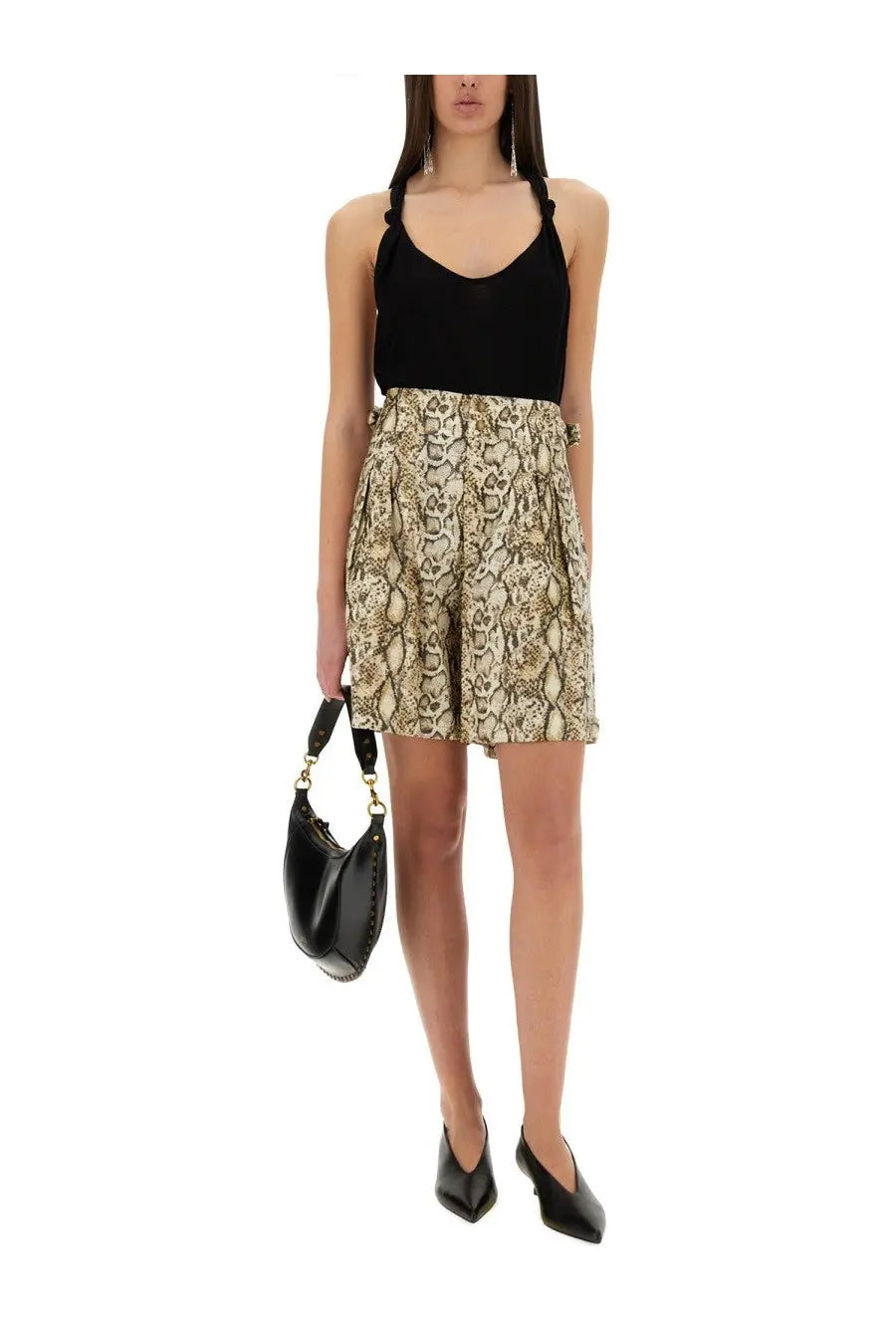Black leather hobo bag with gold tone hardware and studded strap featured with isabel marant women’s felize shorts pattern