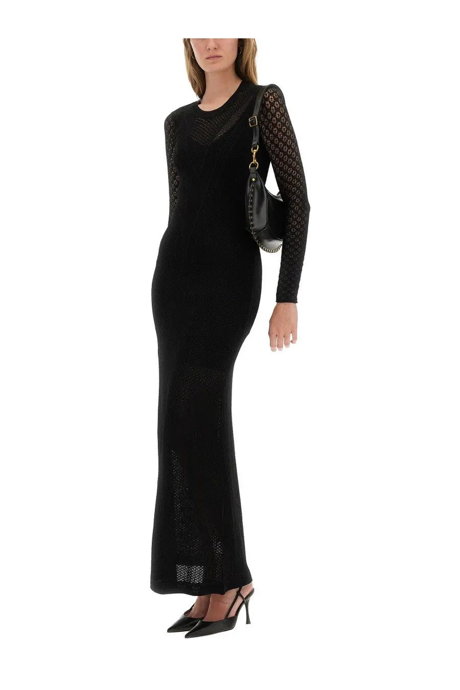 Isabel Marant women’s black knit dress with long sleeves and intricate mesh detailing on shoulders and upper arms