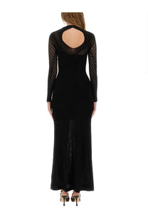 Isabel Marant women’s black long-sleeved maxi dress with sheer mesh back and lower hem featuring cut-out design