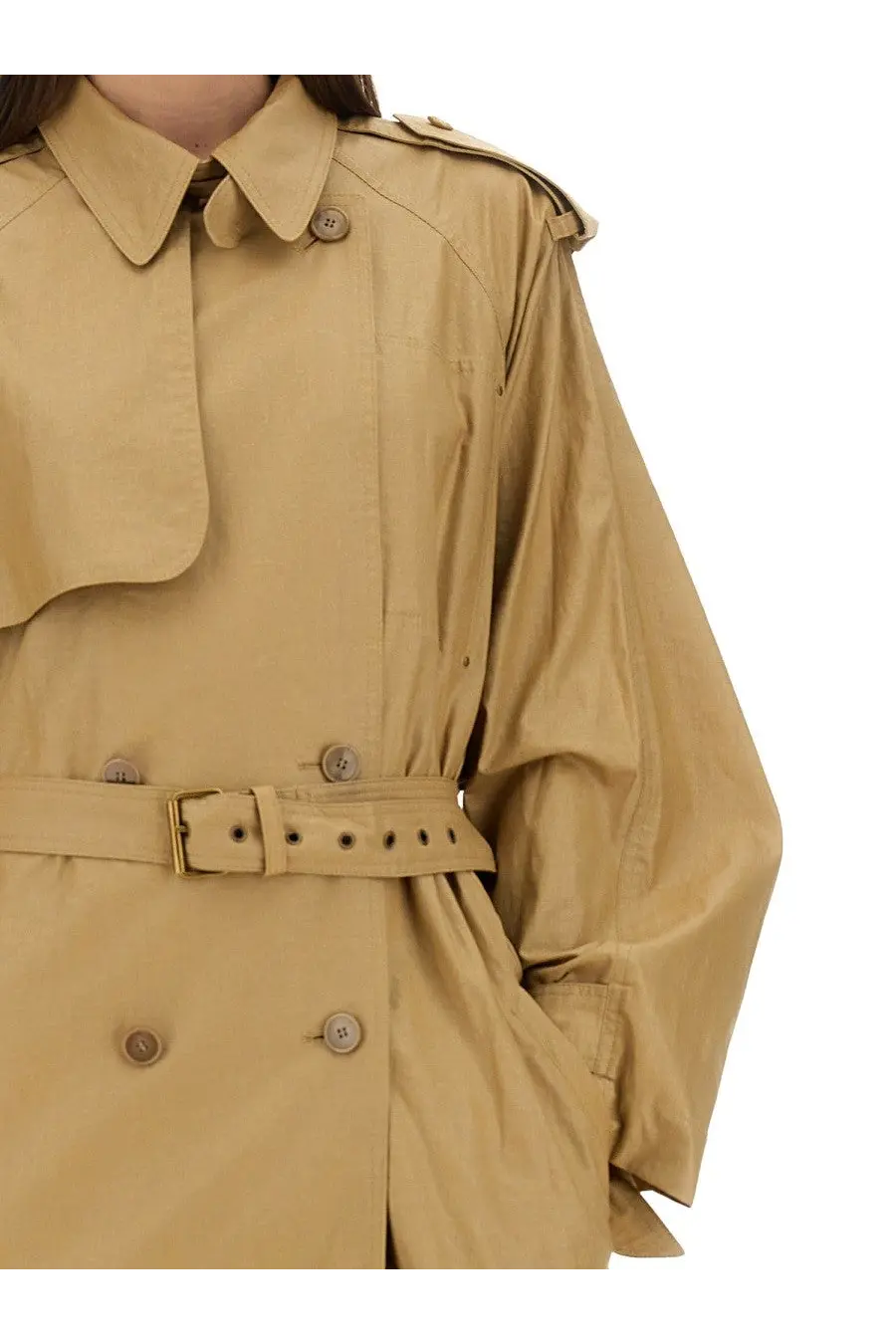 Isabel Marant women’s beige trench coat with belted waist button closures and structured shoulders in cotton blend