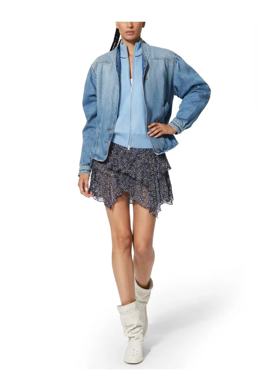 Isabel Marant women’s giacca dolie blue light-wash denim bomber jacket with relaxed fit and classic button closure