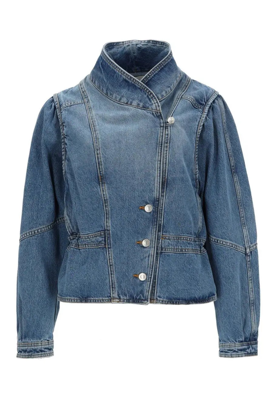 Isabel Marant women’s giacca dolie blue medium-wash denim jacket with high collar button closures and patch pockets