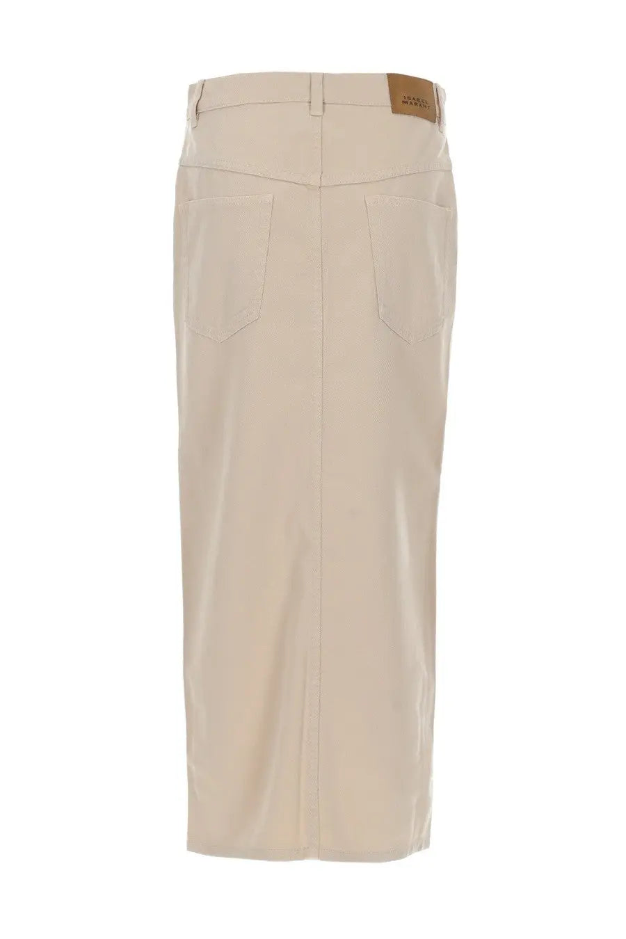Beige high-waisted midi skirt with sleek straight-leg cut and two back pockets shown from the back side by isabel marant