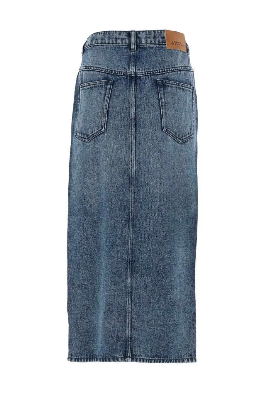 Isabel Marant women’s gonna faharia blue mid-blue denim midi skirt high waist with two back pockets and brown leather label back view