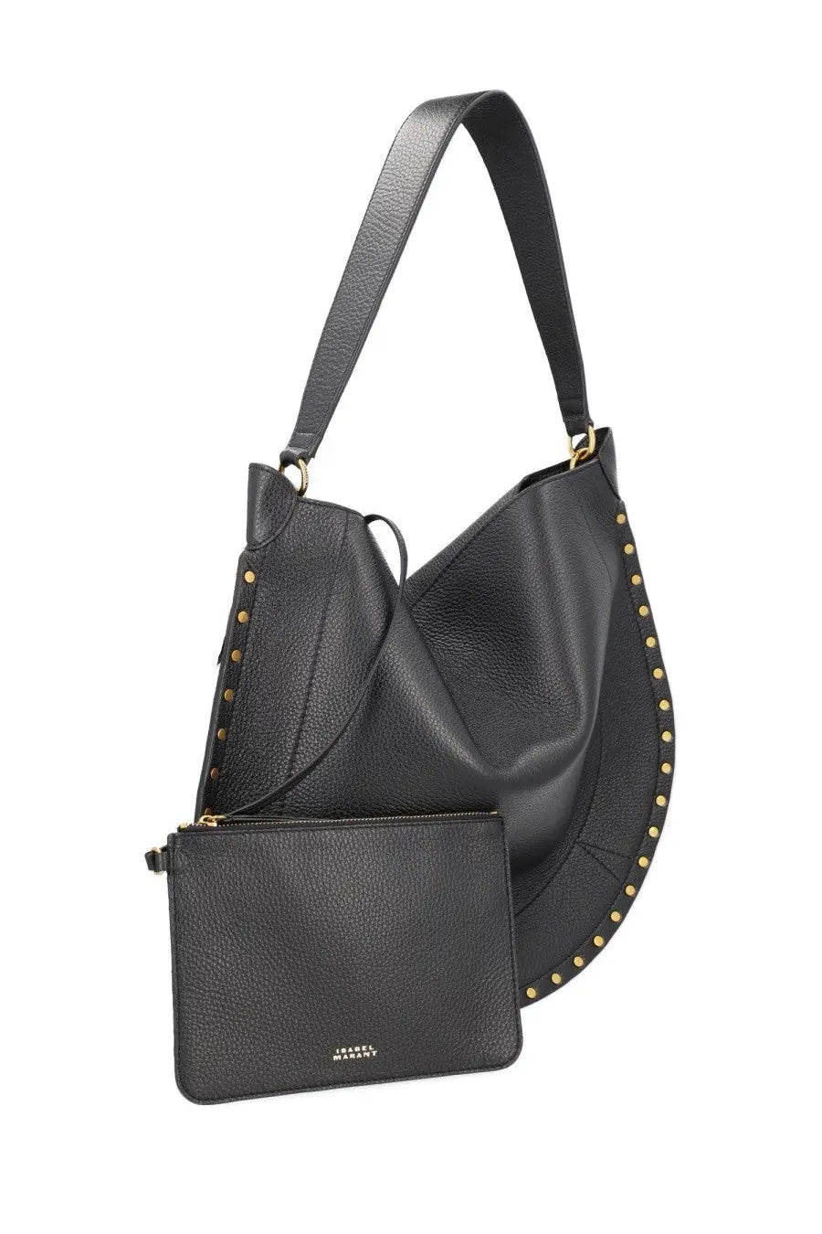 Isabel Marant women’s black leather hobo bag with gold tone studs and matching black zippered pouch
