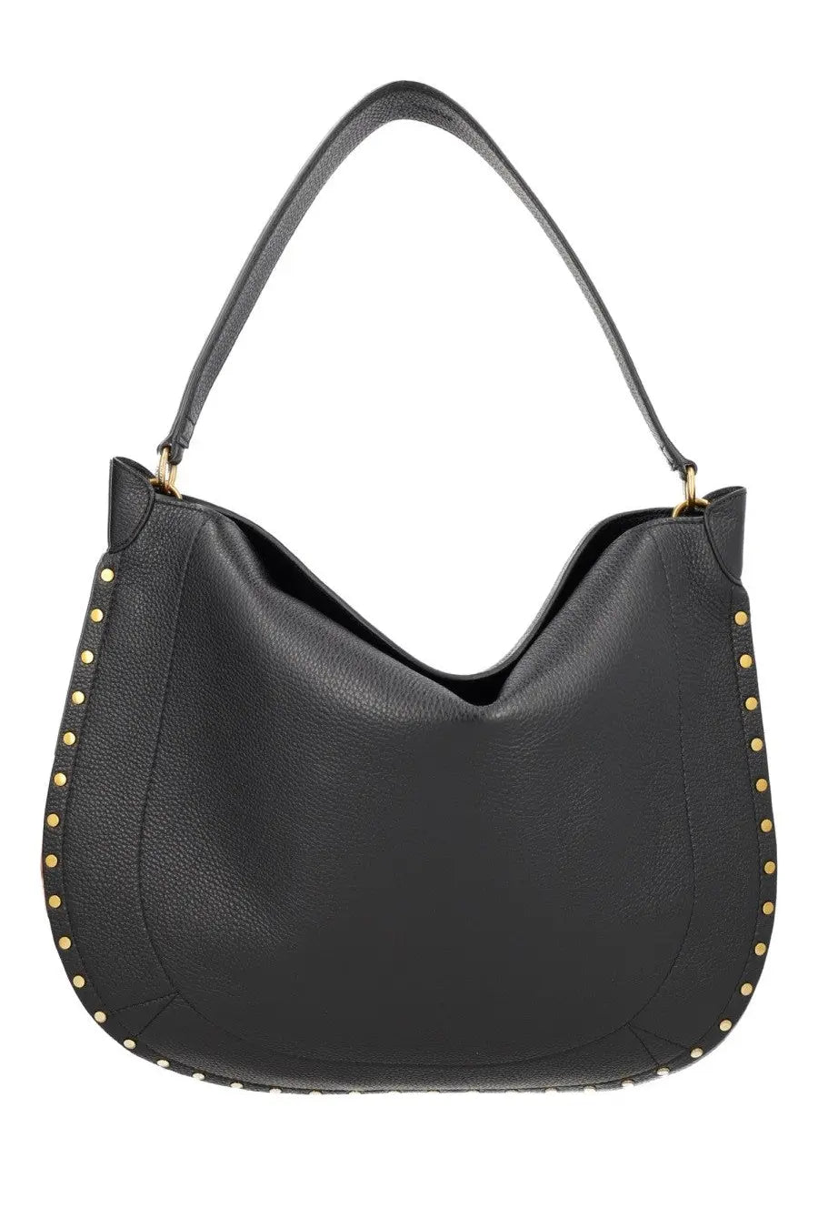 Isabel Marant women’s black leather hobo bag with gold-tone studs and single shoulder strap