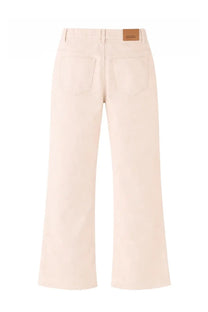 Cream-colored wide-leg denim trousers with brown leather brand patch at waistband from isabel marant women jeans belvira beige