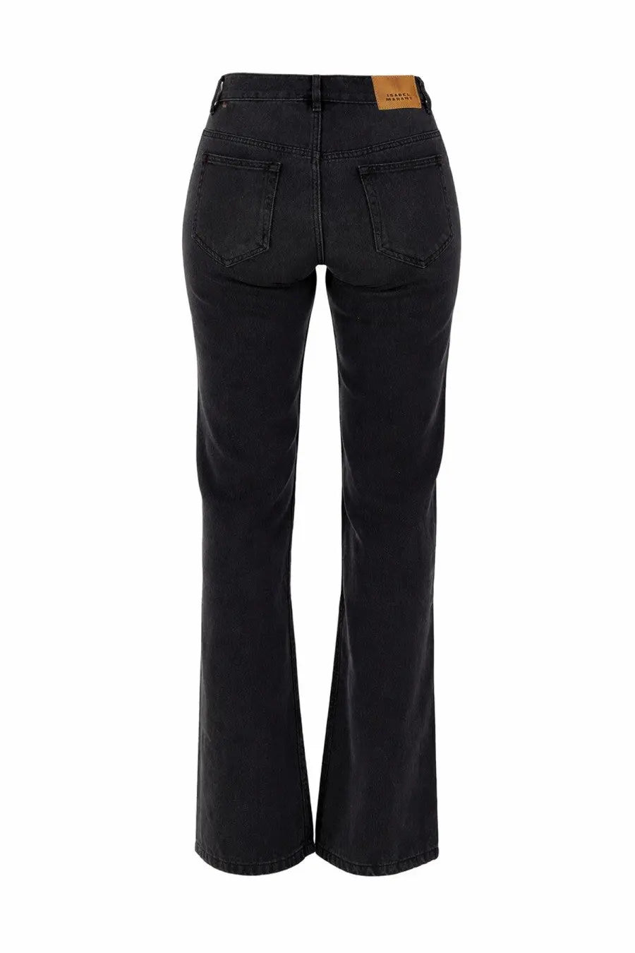 Back view of isabel marant women’s black denim flare jeans with classic back pockets and tan leather brand label at waistband