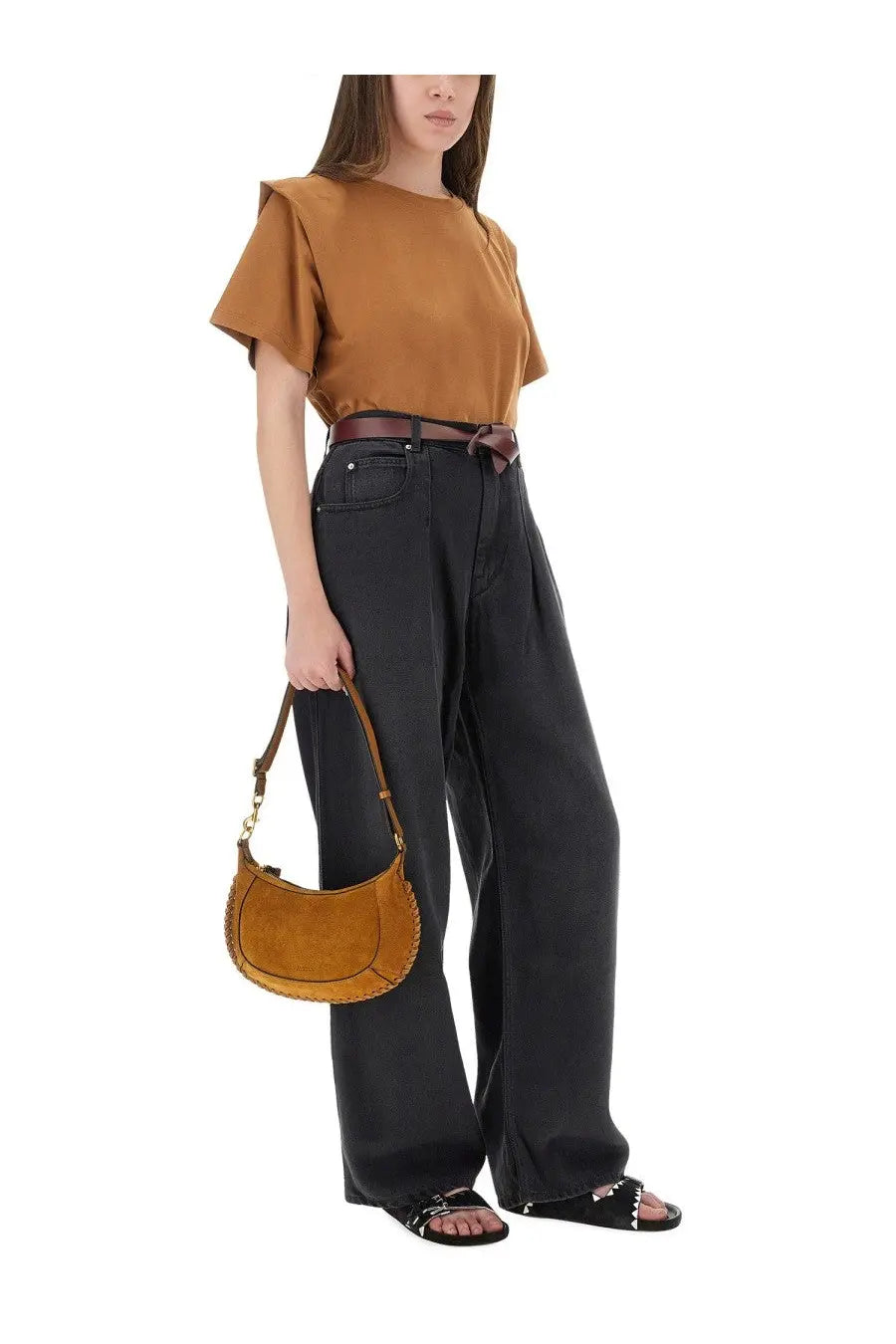 Tan suede crescent-shaped handbag with gold-tone hardware and braided edge detail for isabel marant women’s jeans rodayna black