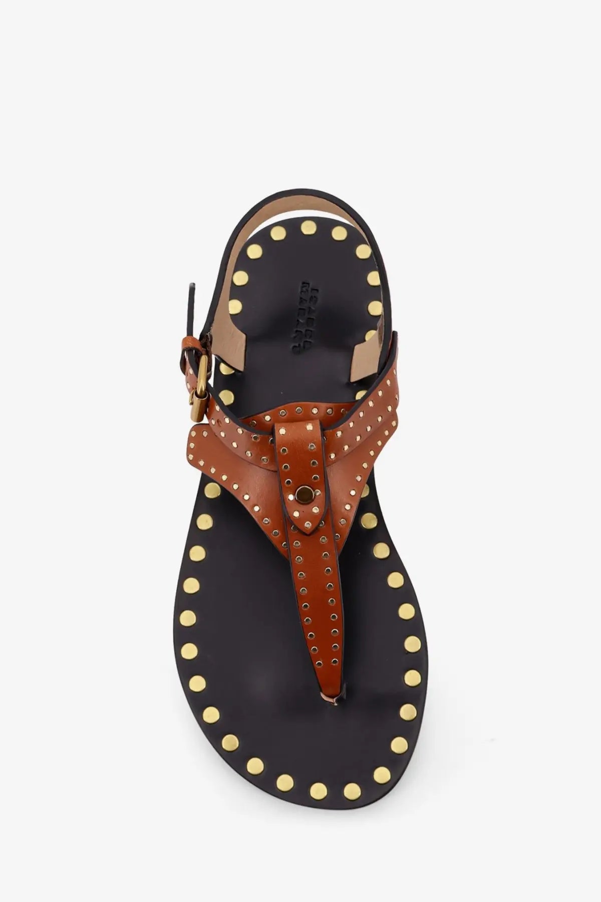 Isabel Marant women’s joonya flat brown leather thong sandal with gold tone studs along the sole and strap