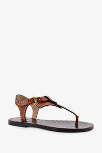 Isabel Marant women’s joonya flat leather sandals brown with gold-tone studs and buckle strap thong design