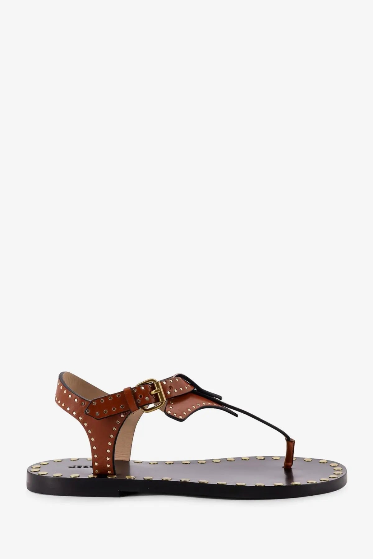 Isabel Marant women’s Joonya flat brown leather thong sandal with gold-tone studs and black strap detail