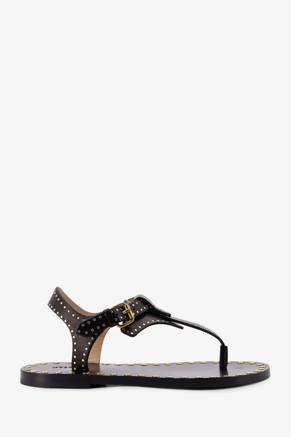 Isabel Marant women’s Joonya low black leather thong sandal with gold-tone studs and matching buckle visible from the back