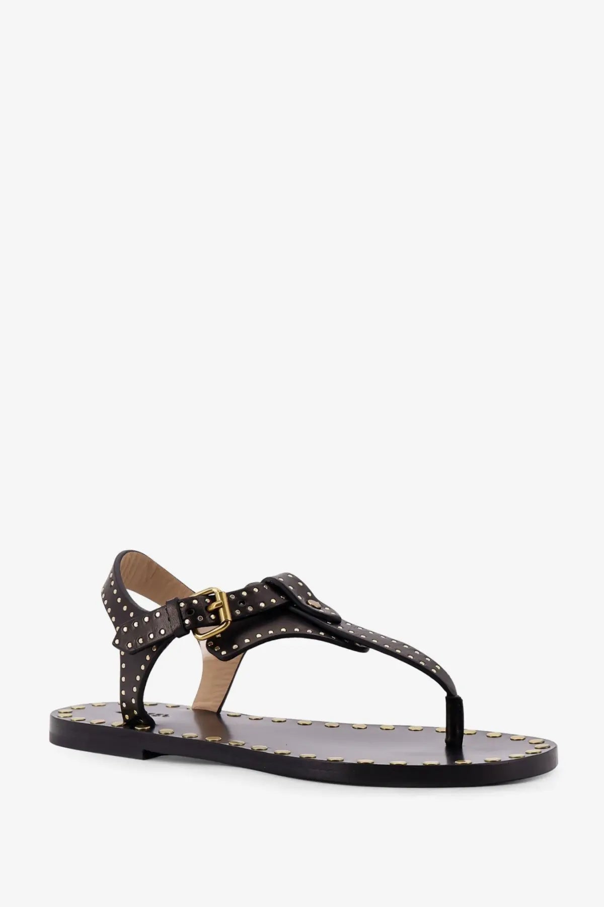 Isabel Marant women’s Joonya low black leather thong sandal with gold-tone studs and buckle strap
