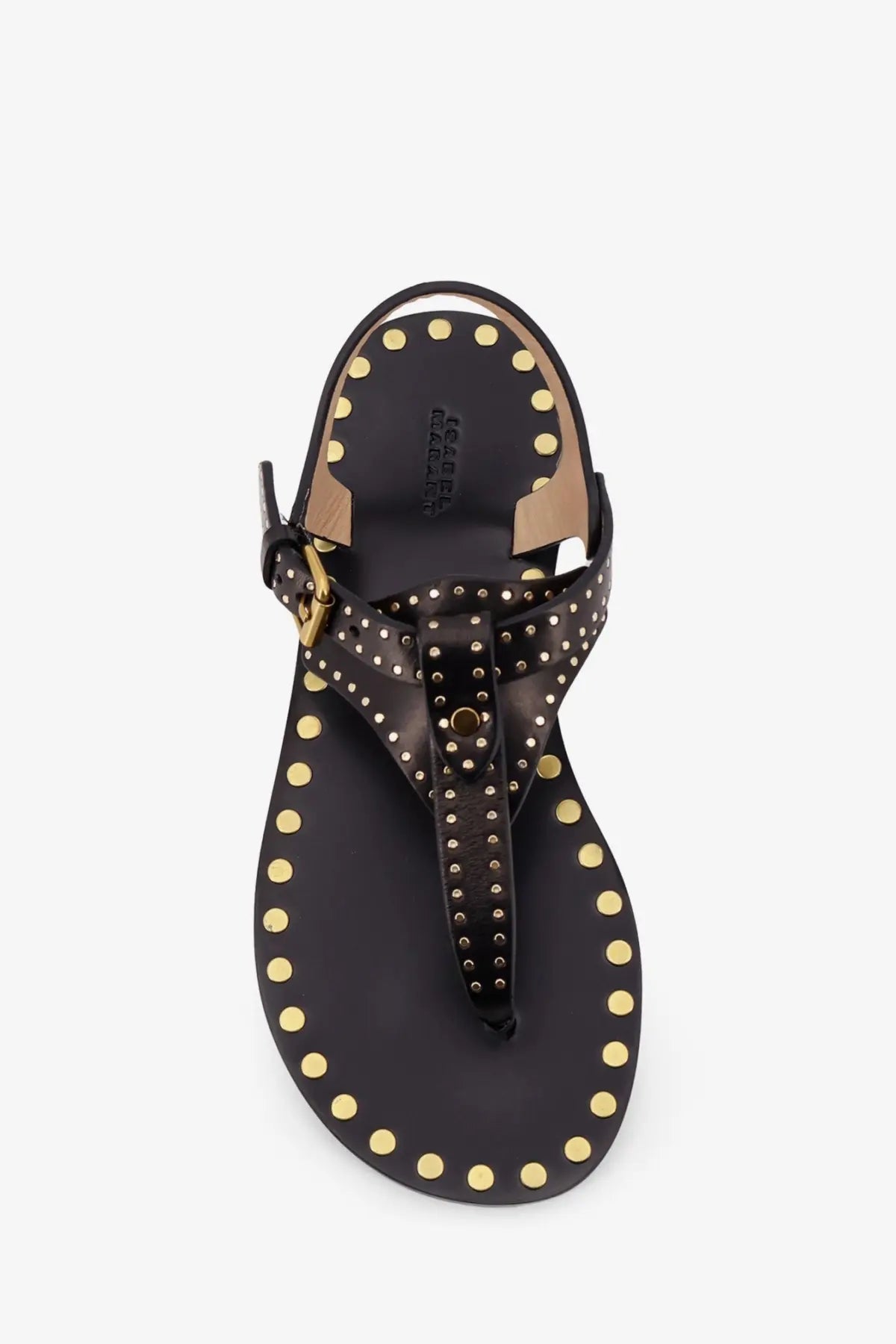 Isabel Marant women’s joonya low black leather thong sandal with gold-tone studs along edges and strap