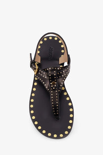 Isabel Marant women’s joonya low black leather thong sandal with gold-tone studs along edges and strap