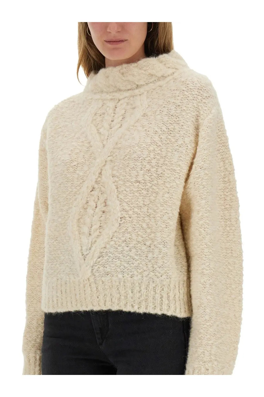 Isabel Marant women’s cream-colored chunky knit sweater with high turtleneck and cable-knit chest pattern