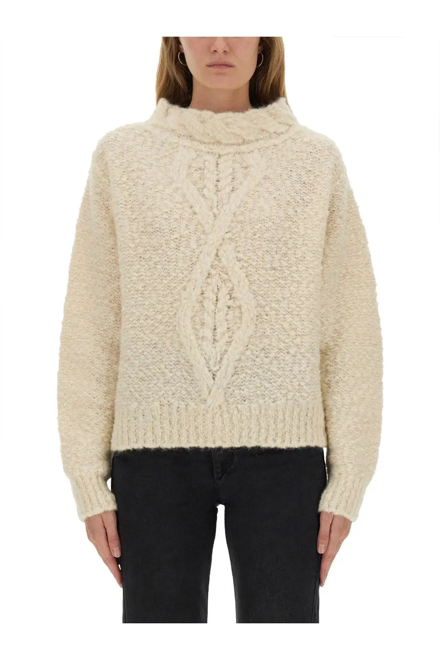 Isabel Marant women’s cream-colored chunky knit sweater with high turtleneck and intricate cable-knit pattern front