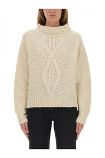 Isabel Marant women’s cream-colored chunky knit sweater with high turtleneck and intricate cable-knit pattern front