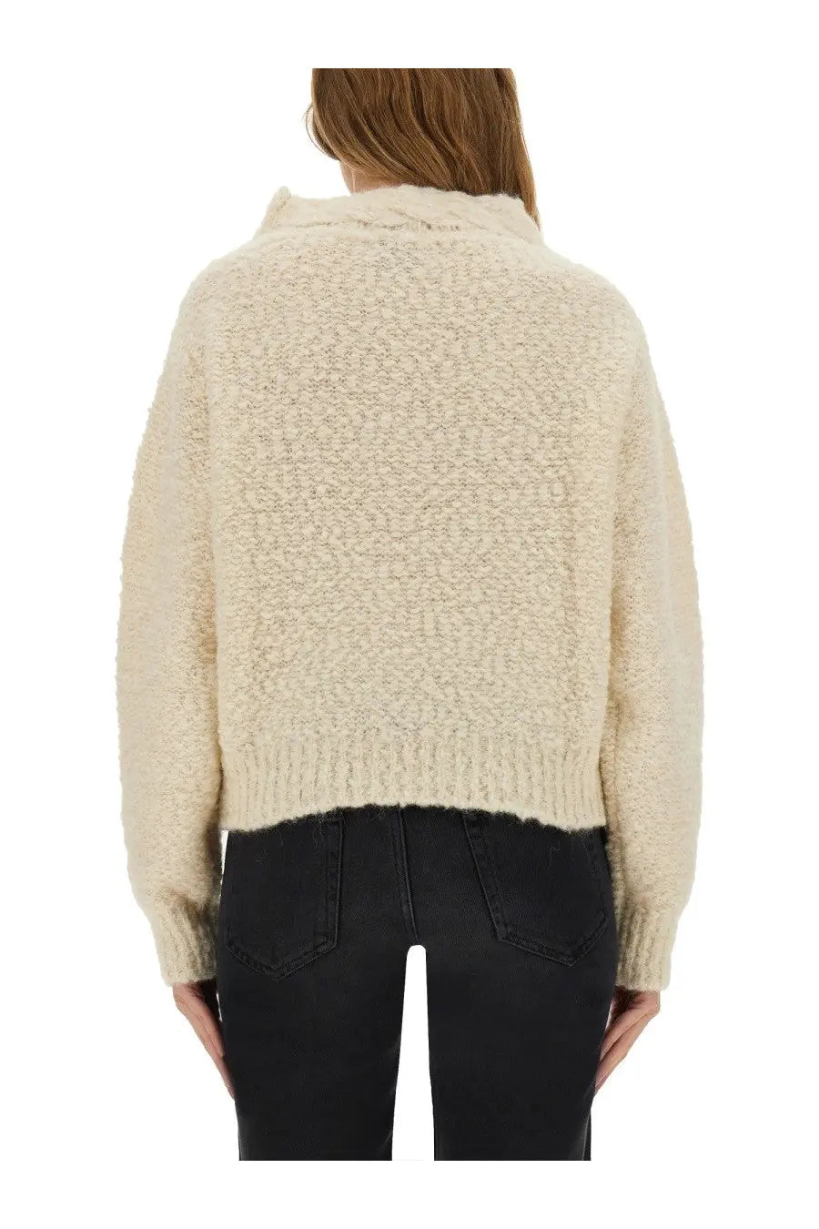 Isabel Marant women’s knitted Roman beige cream sweater with textured knit cozy cowl neck and ribbed cuffs
