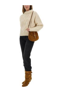 Tan suede isabel marant women’s saddle bag with braided leather strap and gold-tone hardware in beige roman style