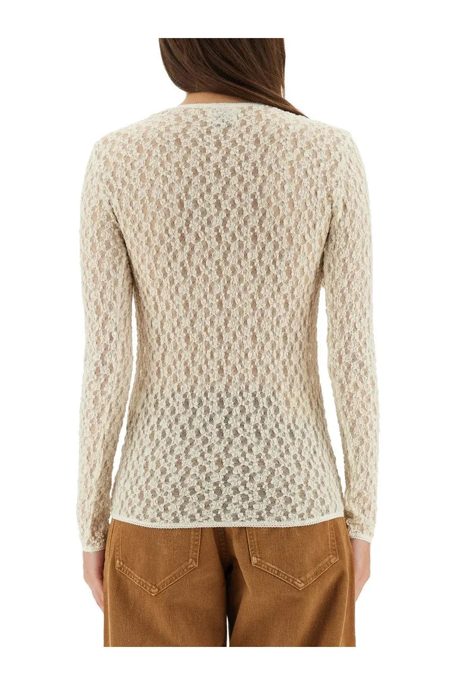Isabel Marant women’s cream-colored long-sleeved sweater with intricate openwork lace knit pattern