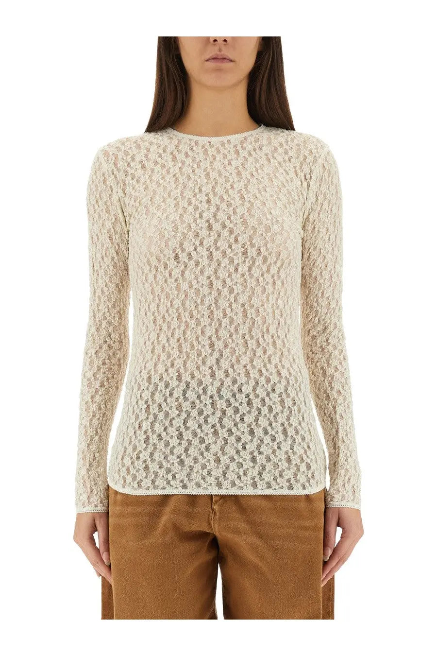 Isabel Marant women’s pink lace Gaelle top cream-colored long-sleeved knit with delicate geometric lace pattern