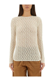 Isabel Marant women’s pink lace Gaelle top cream-colored long-sleeved knit with delicate geometric lace pattern