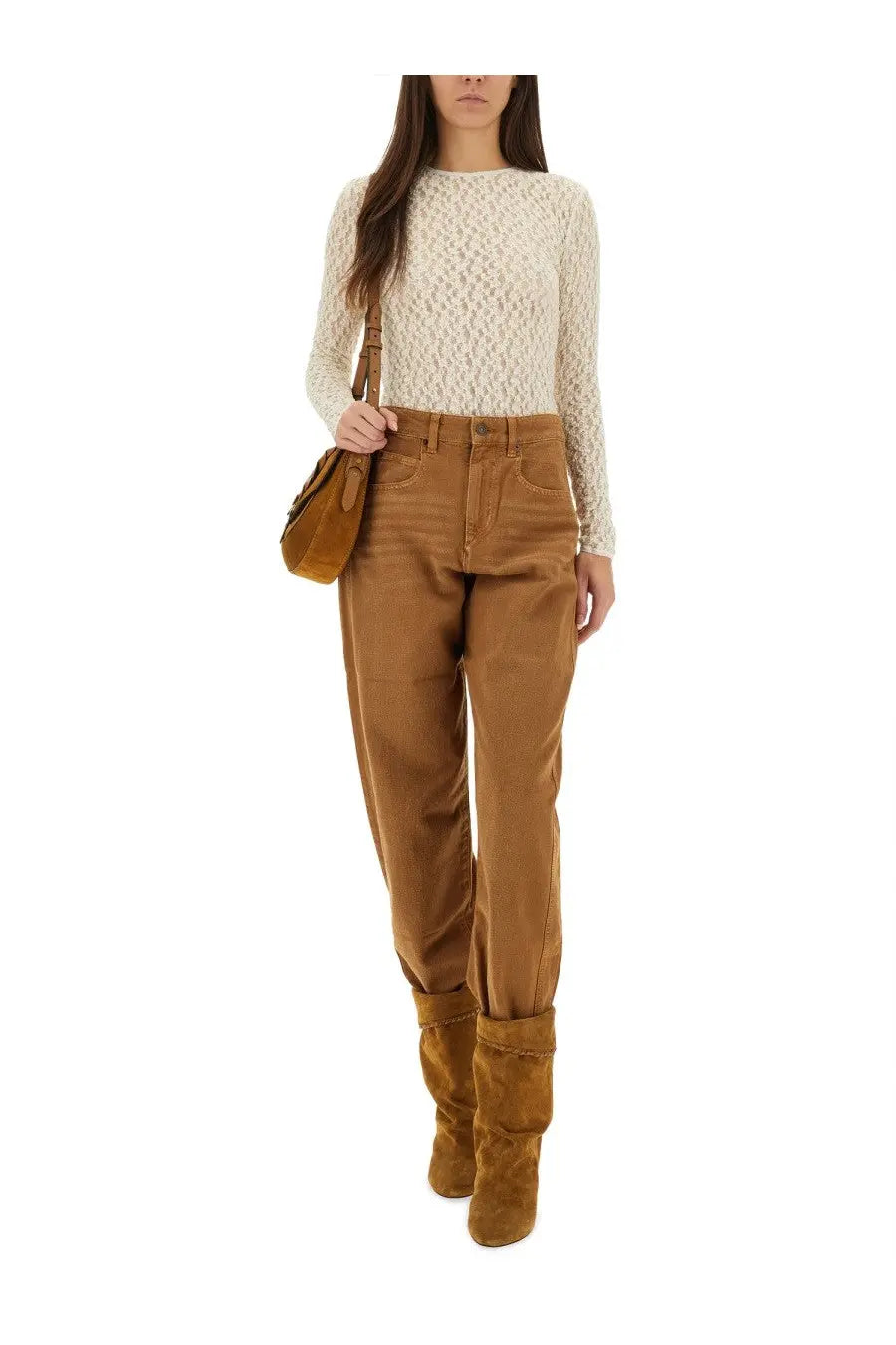 Tan corduroy high-rise trousers with rolled cuffs paired with isabel marant women’s lace gaelle pink top