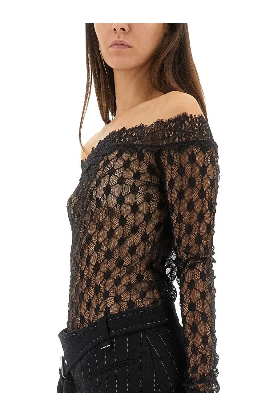 Isabel Marant women’s black off-the-shoulder lace marlene top with intricate pattern and long sleeves